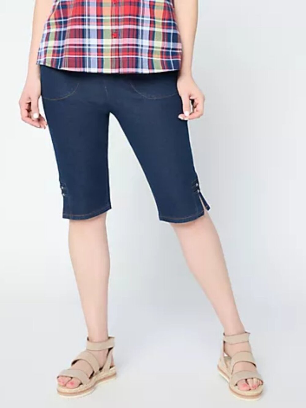 Denim & Co. Petite Indigo Flat Front Bermuda Shorts Hem Detail, Sz XXSP a724180